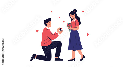 Romantic proposal illustration: A man on one knee proposes to his girlfriend surrounded by hearts, symbolizing love and commitment.