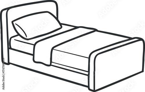 A simple outline illustration of a bed with a pillow and blanket.