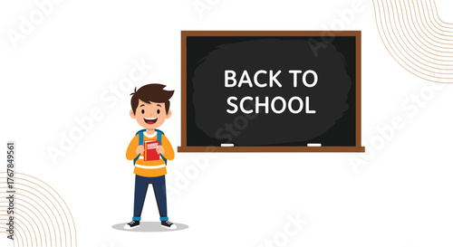 Smiling boy with a backpack and book stands in front of a blackboard displaying \ various equations and formulas.