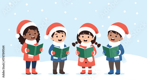 Group of children singing Christmas carols in winter outfits against a snowy backdrop, embodying the festive spirit of the season.
