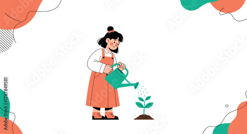 A smiling young girl in an orange overall tenderly waters a small green plant with a teal watering can, fostering growth.