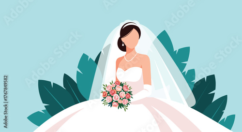 Elegant bride in wedding gown holding a bouquet surrounded by tropical leaves and veil, light blue background.
