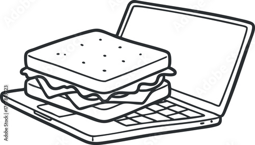 A creative illustration of a sandwich placed on an open laptop symbolizing food technology.
