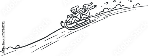 Two people enjoying a thrilling sledding adventure down a snowy hill in winter.