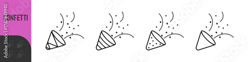Black and color line icons for confetti. Celebratory confetti cannon explosion in simple line art style. Vector illustration