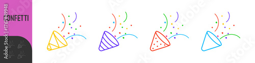 Black and color line icons for confetti. Celebratory confetti cannon explosion in simple line art style. Vector illustration