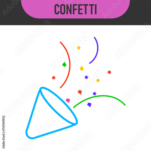 Black and color line icons for confetti. Celebratory confetti cannon explosion in simple line art style. Vector illustration