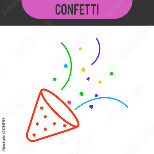 Black and color line icons for confetti. Celebratory confetti cannon explosion in simple line art style. Vector illustration