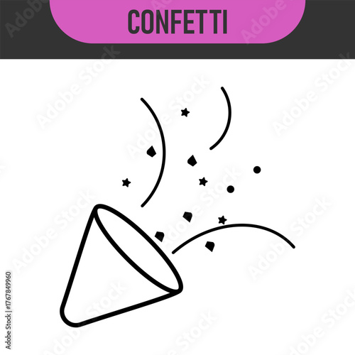 Black and color line icons for confetti. Celebratory confetti cannon explosion in simple line art style. Vector illustration