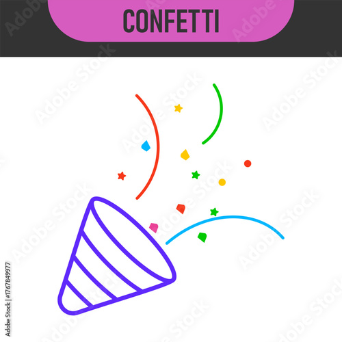 Black and color line icons for confetti. Celebratory confetti cannon explosion in simple line art style. Vector illustration