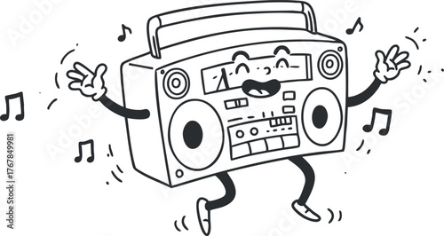 A cheerful cartoon boombox character dancing joyfully with musical notes around it.