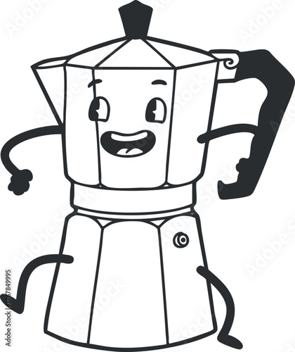 A cheerful cartoon moka pot character with a happy face and energetic pose.