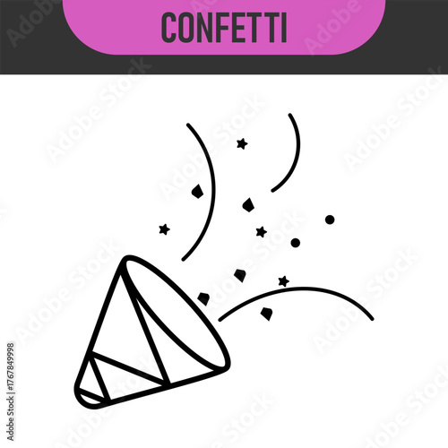 Black and color line icons for confetti. Celebratory confetti cannon explosion in simple line art style. Vector illustration