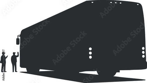 Silhouette of people interacting near a large truck in an outdoor setting.