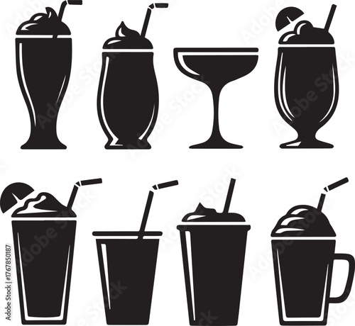 Collection of eight black silhouette icons of various drinks and glasses beverage black and white