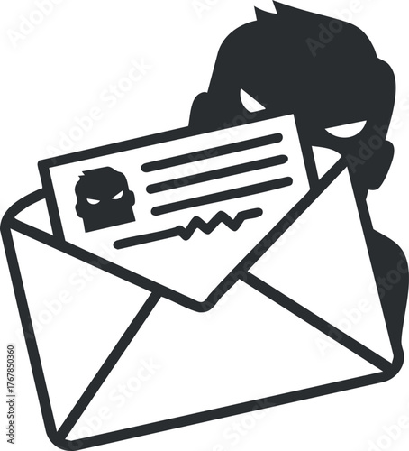 A stealthy figure holding an envelope representing identity theft and deception in a graphic style.