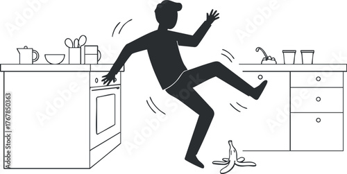 A humorous illustration of a person slipping on a banana peel in a kitchen setting.