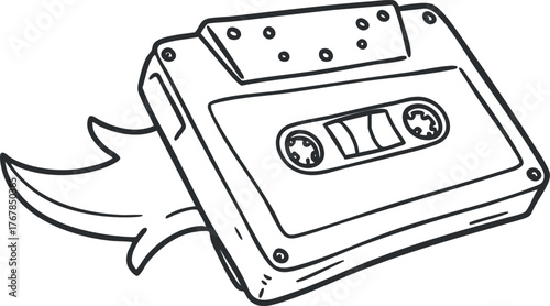A hand-drawn illustration of a vintage cassette tape with a playful design.