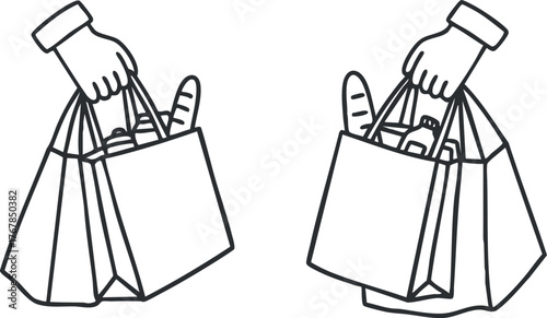 Illustration of two hands holding shopping bags filled with groceries and items.