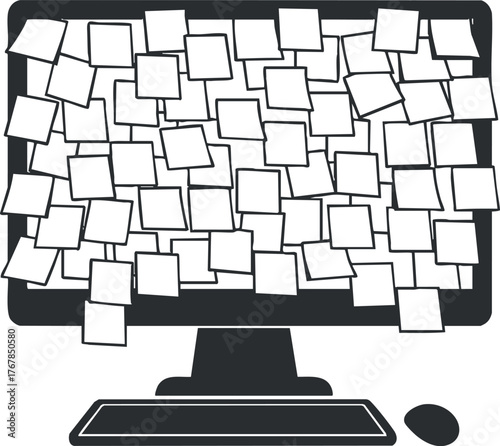 A cluttered computer desktop filled with sticky notes representing disorganization and busy work life.