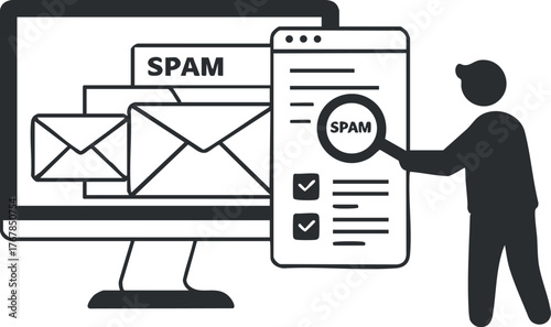 A person reviewing spam emails on a computer and mobile device for digital security.