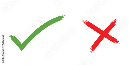 Green check mark and red cross mark isolated on white background, symbolizing agreement and disagreement, choice and rejection, yes and no, right and wrong
