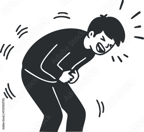 A person expressing discomfort and pain, holding their stomach in a distressed manner.