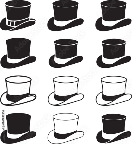 Collection of twelve black and white top hats with varied band designs and outlines group