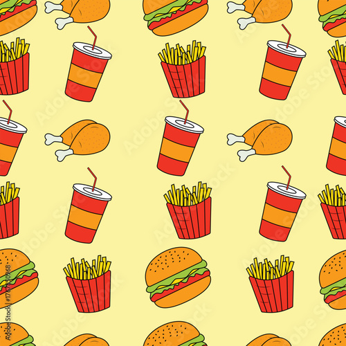 Seamless background featuring burgers fries drinks and chicken pieces in bright yellow tones perfect for fast food packaging restaurant wallpapers and creative food themes