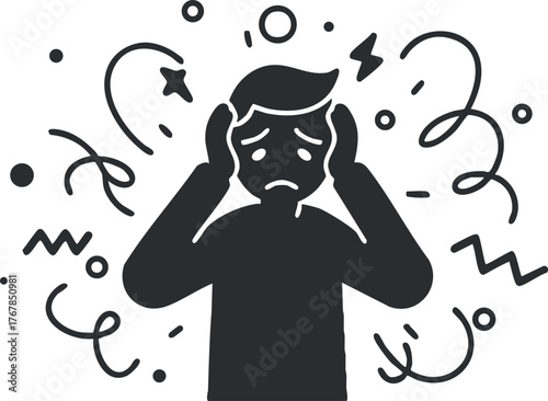 A stylized illustration of a person experiencing stress and anxiety surrounded by chaotic symbols.