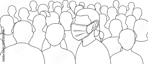 Illustration of a crowd of people wearing masks to emphasize public health and safety.
