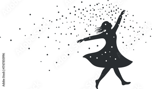 A joyful silhouette of a dancer surrounded by sparkling particles, evoking celebration and freedom.
