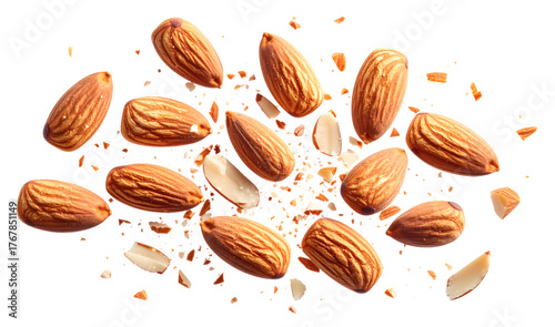 Top view of whole almonds and broken pieces in mid-air, with tiny crumbs scattered around