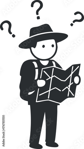 A confused tourist looking at a map, symbolizing exploration and navigation challenges.