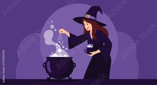 A happy young witch in a pointed hat smiles while actively stirring a bubbling cauldron, adding mystical ingredients for her magical potion.