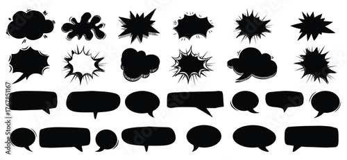 Comic burst, speech bubble, and text box silhouettes in vector style. essential graphic elements set for comic design, pop art, dialog highlights, and creative retro style