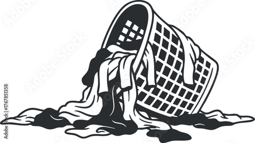 A black and white illustration of a laundry basket overflowing with clothes.