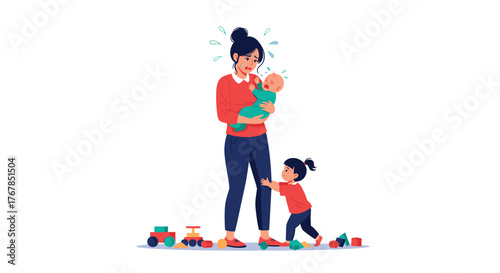 Overwhelmed mother holding crying baby and struggling with her toddler while surrounded by toys, a classic illustration of parental stress.