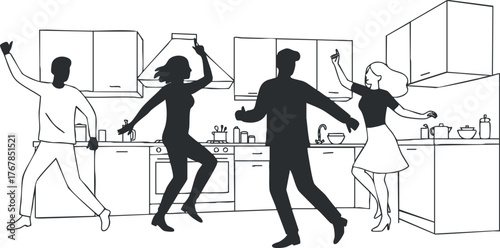 A lively silhouette illustration of people dancing and enjoying themselves in a modern kitchen.