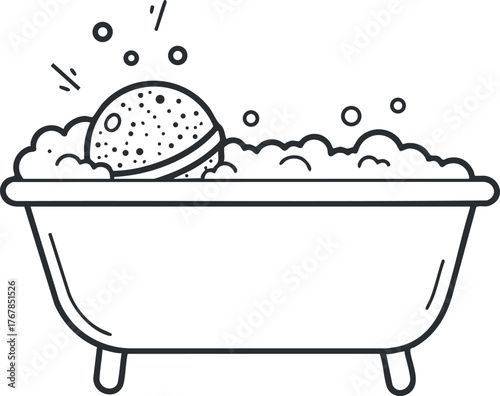 Illustration of a bathtub filled with bubbles and a bath bomb for relaxation and self care.