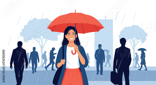 A joyful young woman with a red umbrella smiles brightly while walking through a rainy city street, surrounded by busy pedestrians.