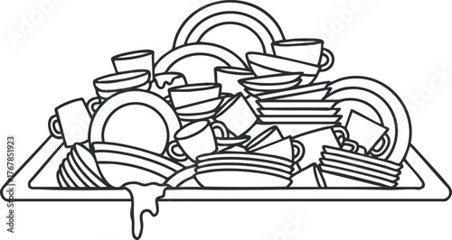 A pile of dirty dishes, cups, and utensils in a kitchen sink, representing household chores.