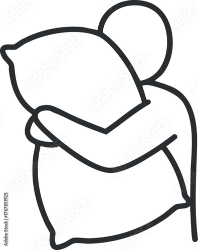 A minimalist illustration of a person hugging a pillow symbolizing comfort and relaxation.