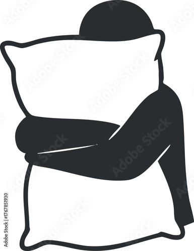 A minimalist illustration of a person hugging a pillow, conveying comfort and relaxation.