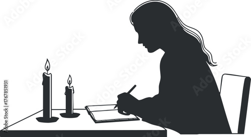 A silhouette of a woman writing at a table with candles in a serene setting.