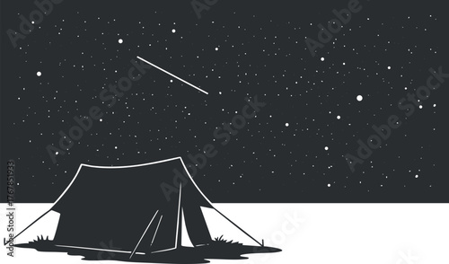 A peaceful camping scene under a starry night sky with a tent and shooting stars.