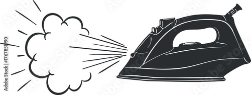 A sleek black and white illustration of a steam iron with a burst of steam.