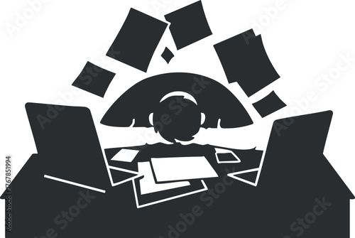 A silhouette of a person overwhelmed with paperwork and computers at a cluttered desk.