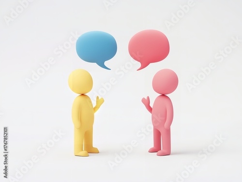 Two colorful 3d figures facing each other with speech bubbles isolated on white background