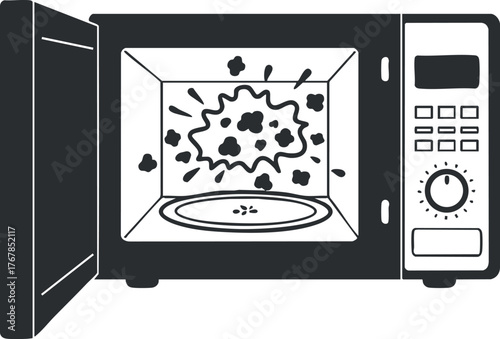 Illustration of a microwave with popcorn popping inside, representing modern kitchen appliances.
